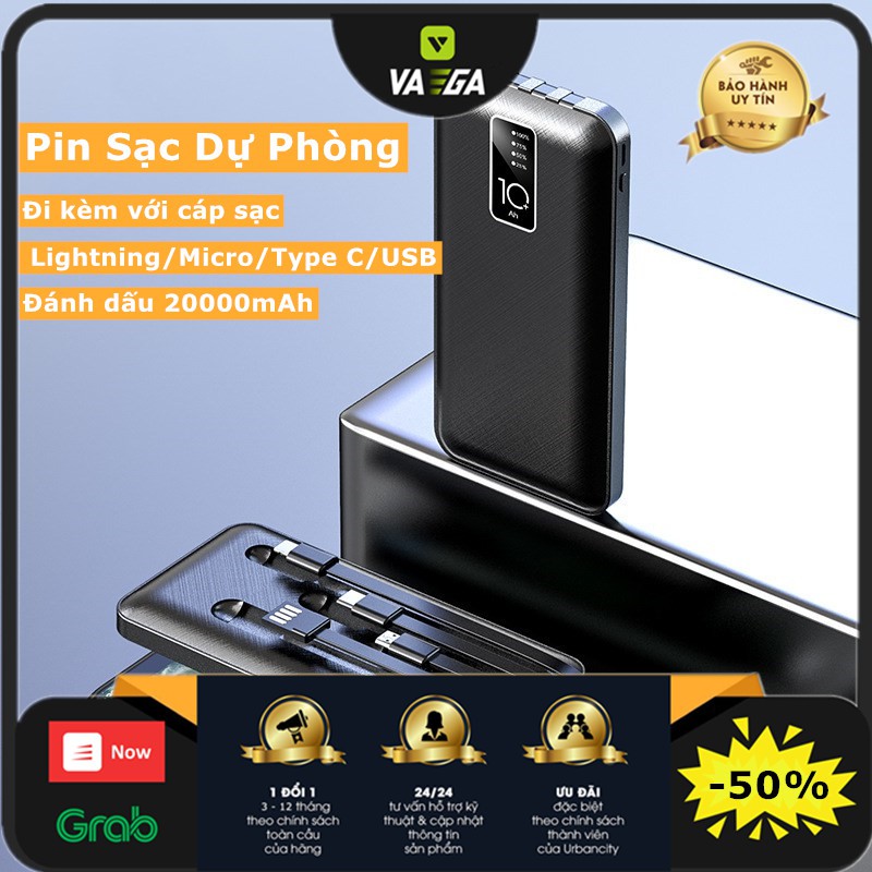 Pin Sạc Dự Phòng Power Bank 20000MAh Tích Hợp Cáp Sạc Nhanh 4 Đầu Lightning/Micro/Type C/USB MEMOTOP