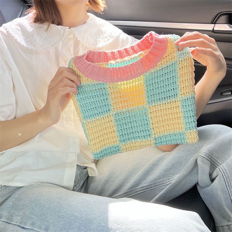 Áo Dệt Kim Sát Nách Sọc Ca Rô Phối Màu Tương Phản Cá Tính Thời Trang Hàn Quốc Cho Nữ