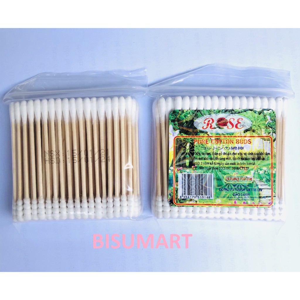 Tăm bông, bông ráy tai lõi gỗ ROSE (Bịch 100 que)