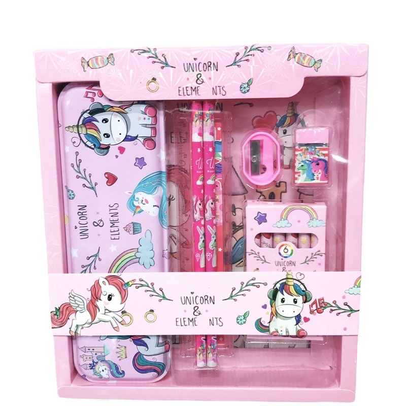 Set đồ dùng học tập 7 món , hộp bút thước kẻ bút màu bút chì cho bé Người nhện Elsa Mickey Pony