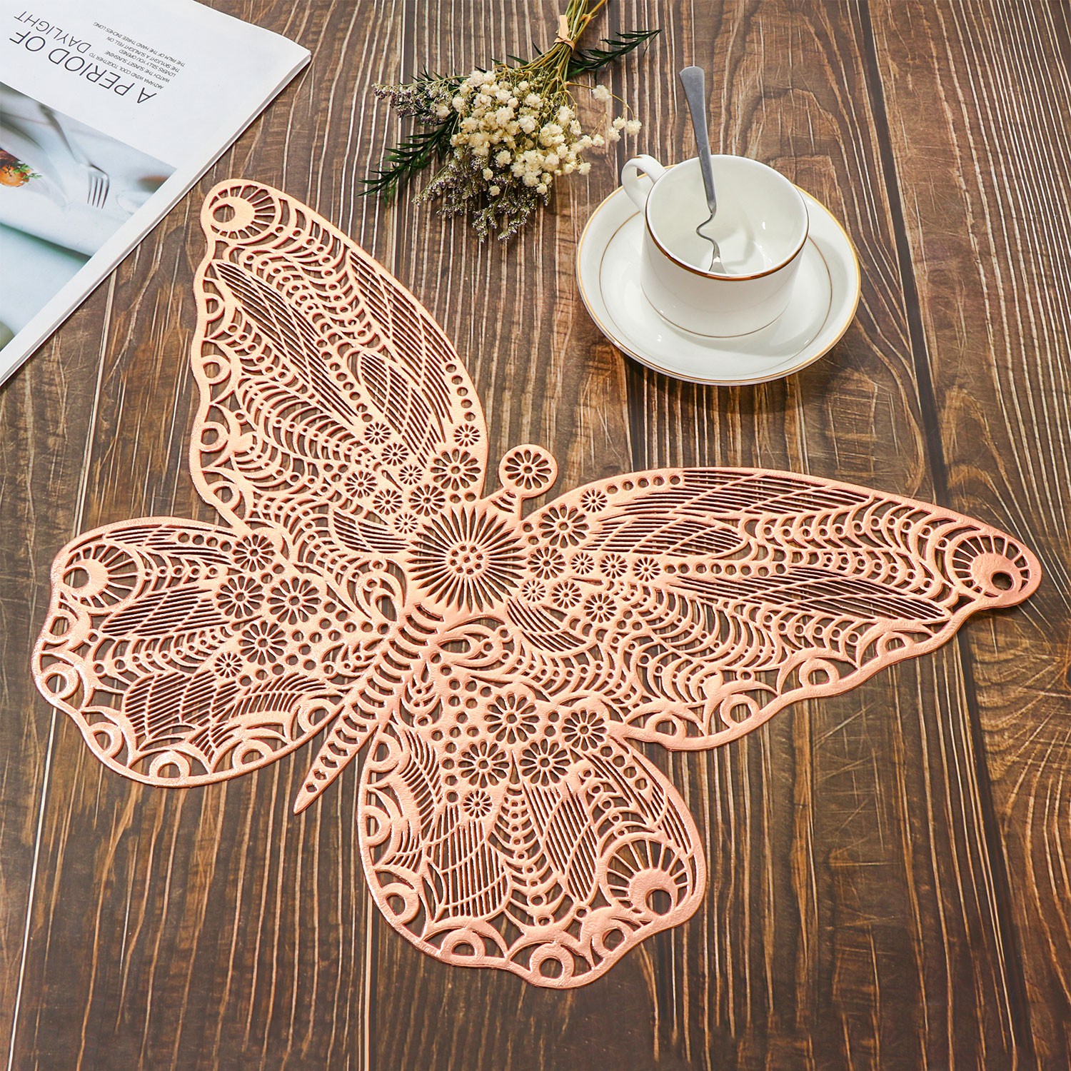 LUCKY 6PCS|6X|6pc Pot Holder Placemats for Dinner Table Kitchen Accessories Hollow-Out Table Mats Place Mats Coasters Heat Resistance Home Decoration Octagonal Cup Pads Butterfly Placemat