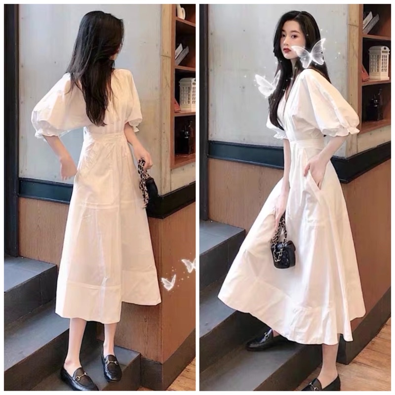 Đầm xoè tay bồng nút bọc 2 màu