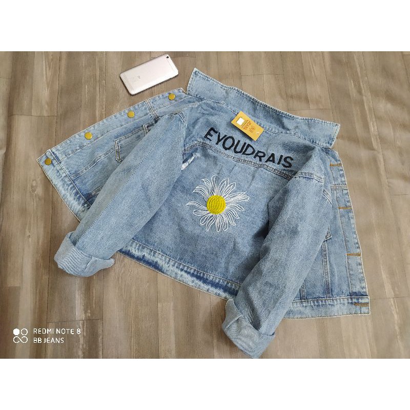 Áo khoác jean nữ bông cúc form rộng - áo khoác nữ chất jean form croptop 58Kg hàng shop