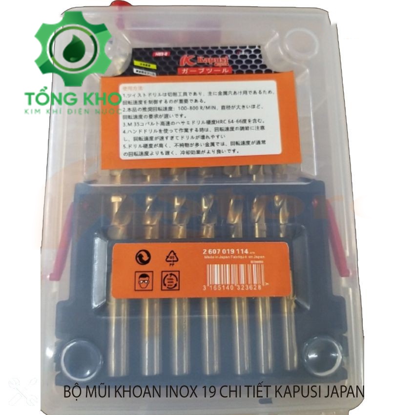 Bộ 19 mũi khoan inox Kapusi Japan kích thước từ 1-10mm - Set mũi khoan kim loại chính hãng  - Tổng kho kim khí điện nước