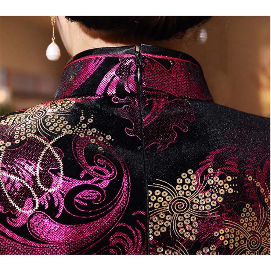 Women Autumn Winter Gold Velvet Long Cheongsam Dress Vintage Slim Three Quarter Sleeve Plus Size Dresses 4XL | BigBuy360 - bigbuy360.vn
