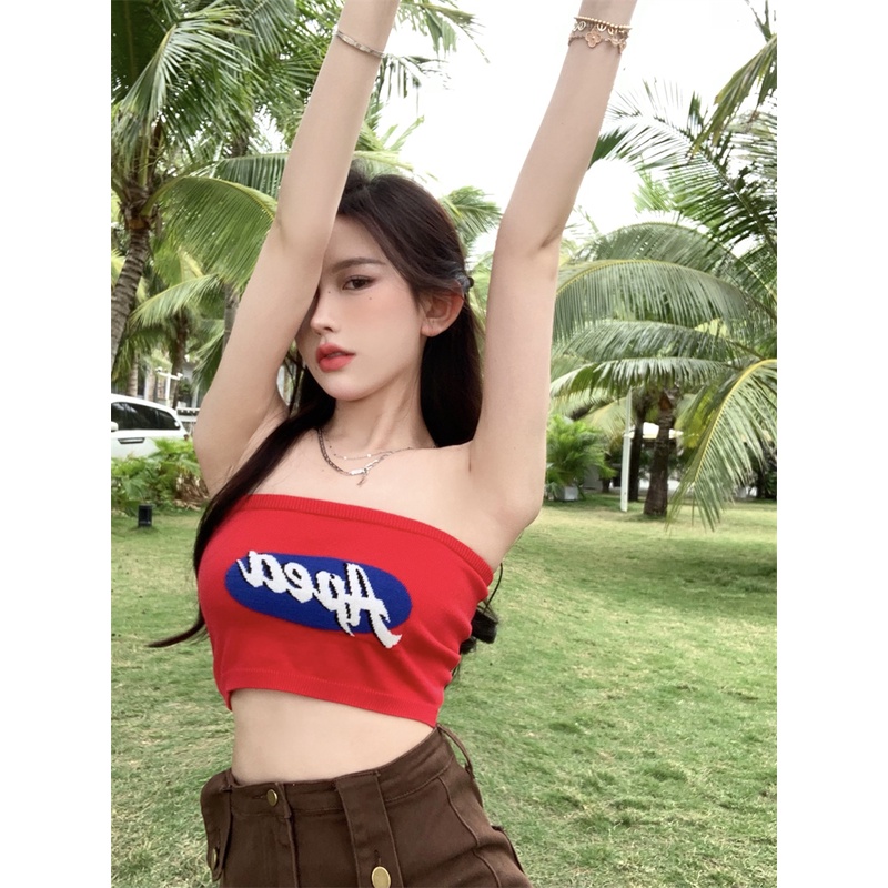 Áo ống kumikumi đan len in logo phong cách Âu Mỹ thời trang cho nữ