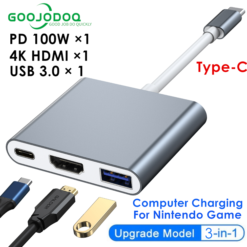 Goojodoq Pembaca Kartu SD Adaptor Kecepatan Tinggi Laptop MacBook Matebook Ponsel 3-In-1 HDMI+USB3.0+PD100W（AD-018) HUB