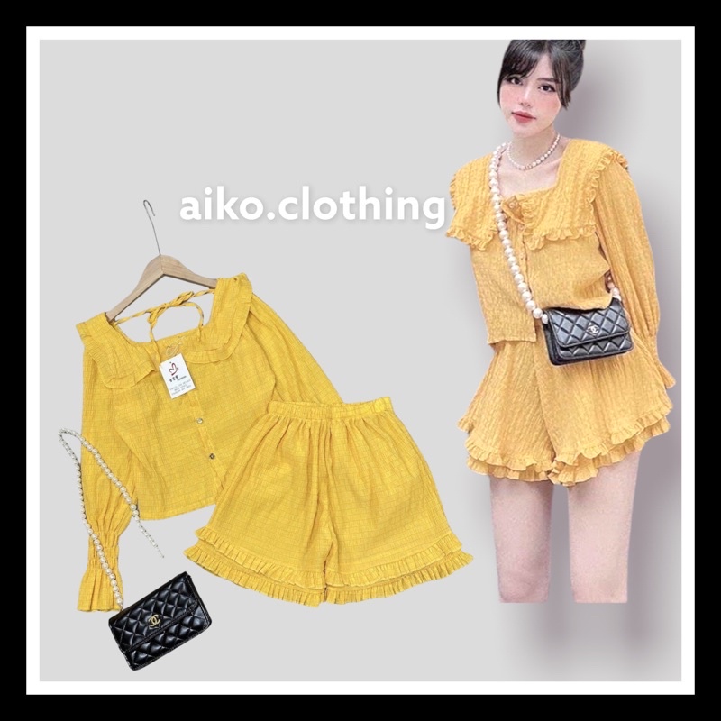Set đũi xốp áo cổ vuông tay bồng kèm quần - còn vàng
