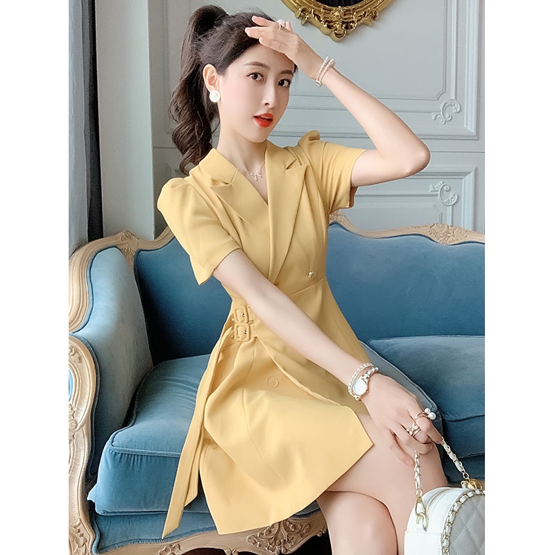 Đầm Vest Nhấn Eo Màu Vàng Nhẹ Thiết Kế Sang Trọng Cá Tính Thời Trang Mùa Hè Cao Cấp Cho Nữ