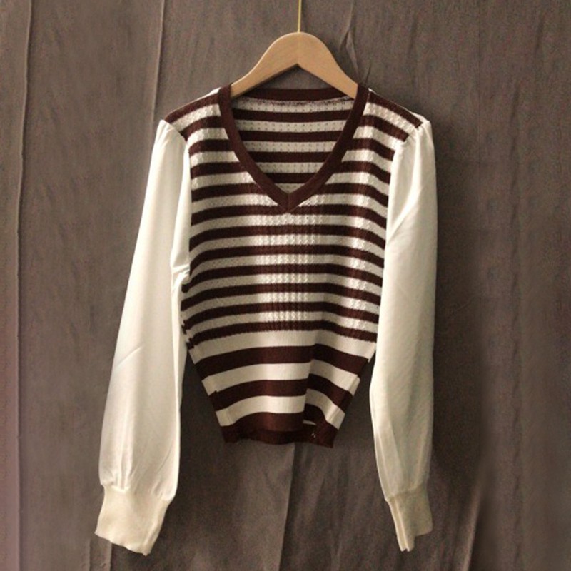 Áo Cotton Dệt Kim Tay Dài Cổ Chữ V Xinh Xắn Chất Lượng Dành Cho Nữ