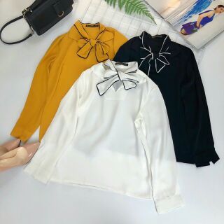 Sơ mi lụa cổ nơ viền