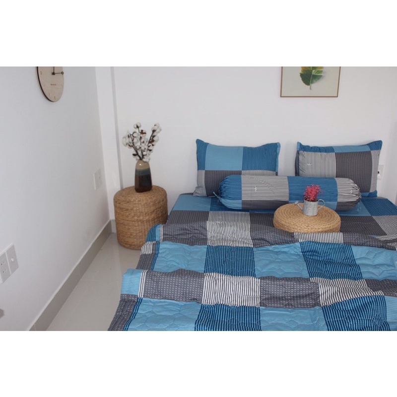 Drap cotton Thắng Lợi, ga trãi giường cao cấp chất vải dày dặn, thấm hút mồ hôi mẫu SỌC KẺ XANH