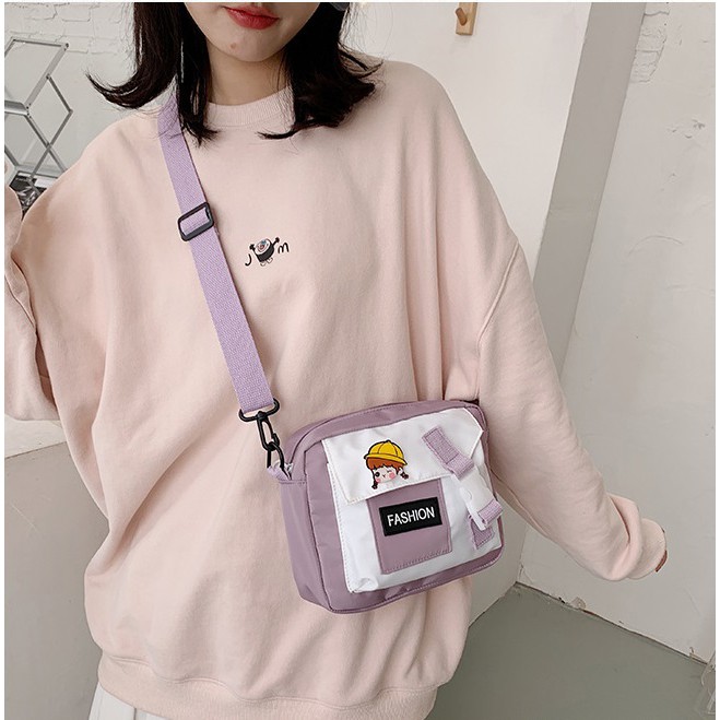 Túi vải canvas đeo chéo hoạ tiết màu Đen/ Tím/ Xanh/ Vàng