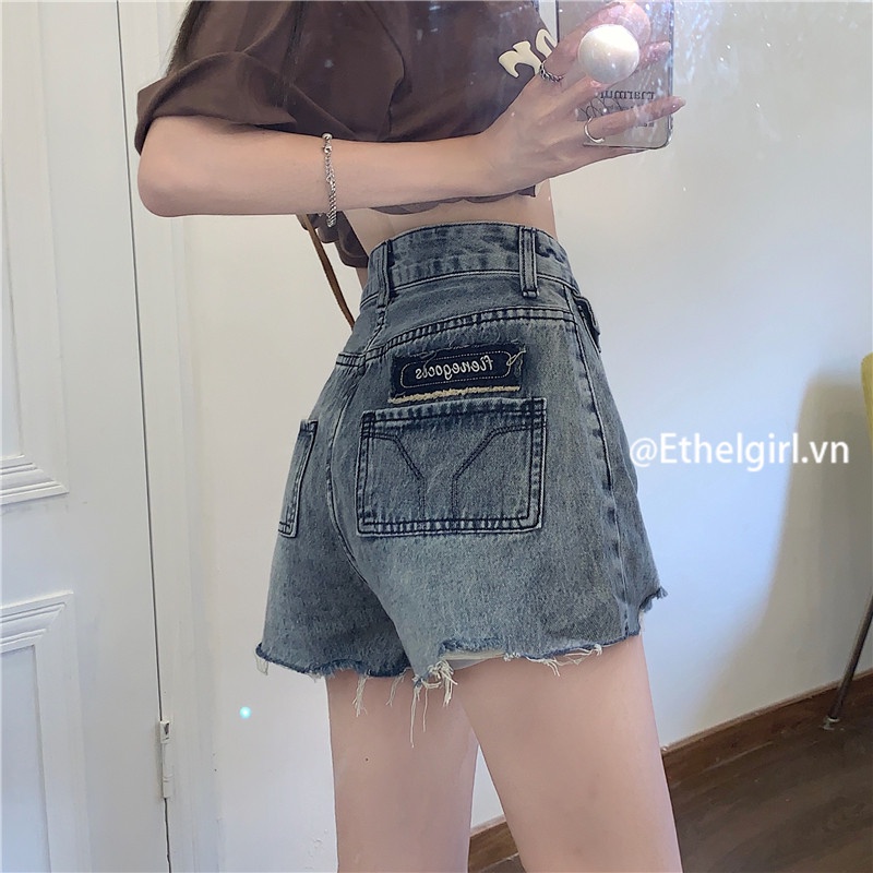 Quần Short denim Lưng Cao Ống Rộng Phong Cách retro Cho Nữ