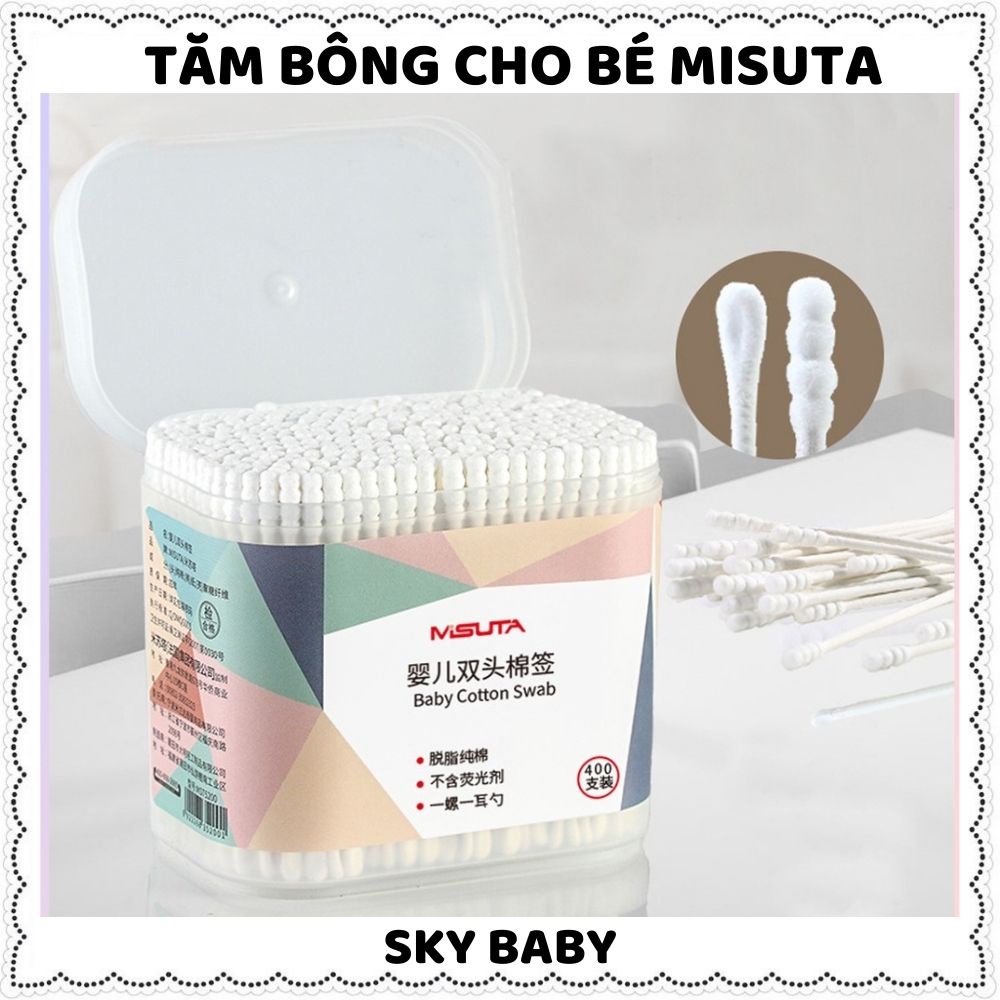 Tăm bông trẻ em sơ sinh người lớn MISUTA cao cấp bông tự nhiên hộp 400 que đầu nhỏ vệ sinh vết thương tai mũi cho bé