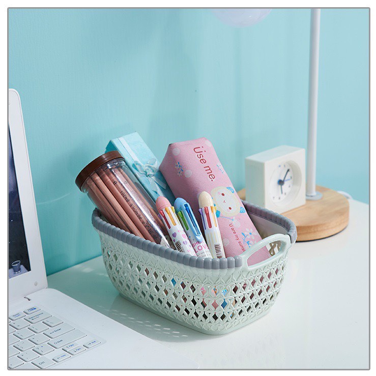 Rổ nhựa giả đan mây - Rổ nhựa chữ nhật đựng đồ có quai cầm màu pastel xinh xắn