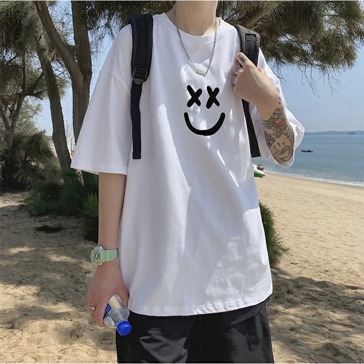 Áo thun unisex tay lỡ form rộng , áo phông nam nữ form rộng chất cotton mát mịn thấm hút mồ hôi in hình mặt cười DH005