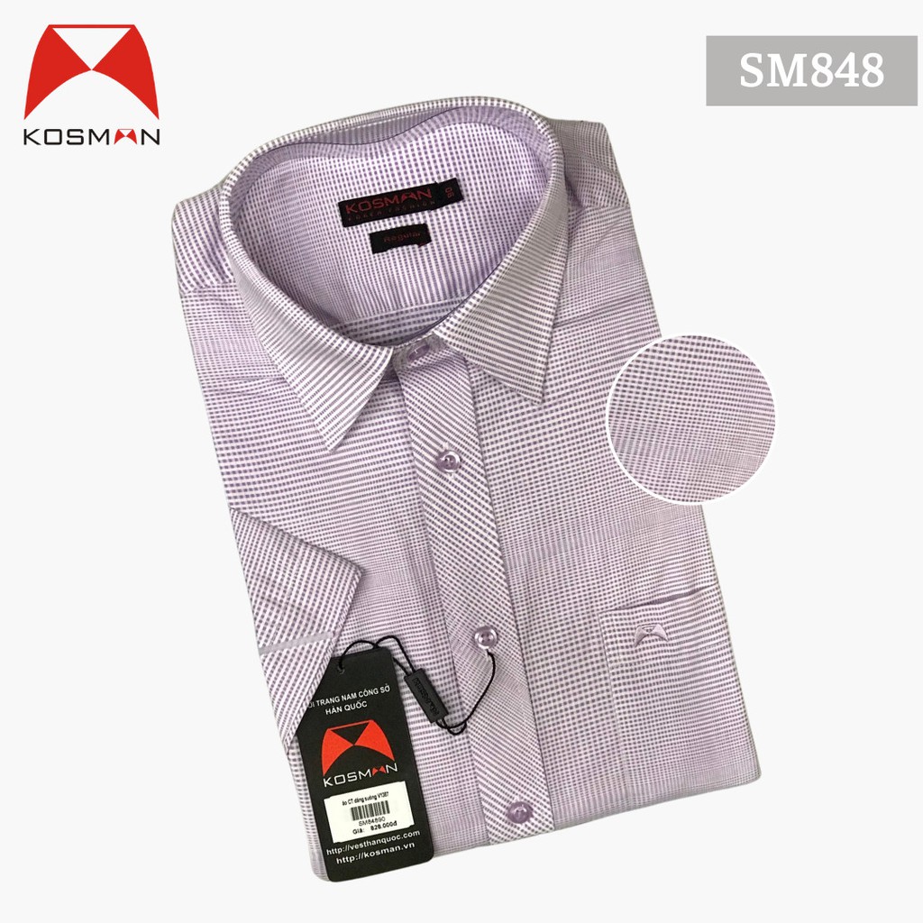 Áo sơ mi Nam ngắn tay Regular Kosman màu tím nhạt kẻ caro không nhăn nhàu, thoáng mát - SM848