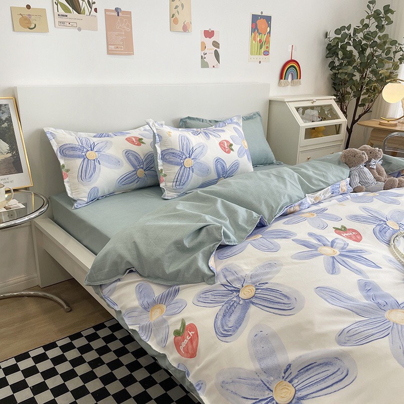Bộ chăn ga gối Cotton poly M2T BEDDING gồm vỏ chăn mền, drap ga giường và 2 vỏ gối nằm - PL hoa xanh mới