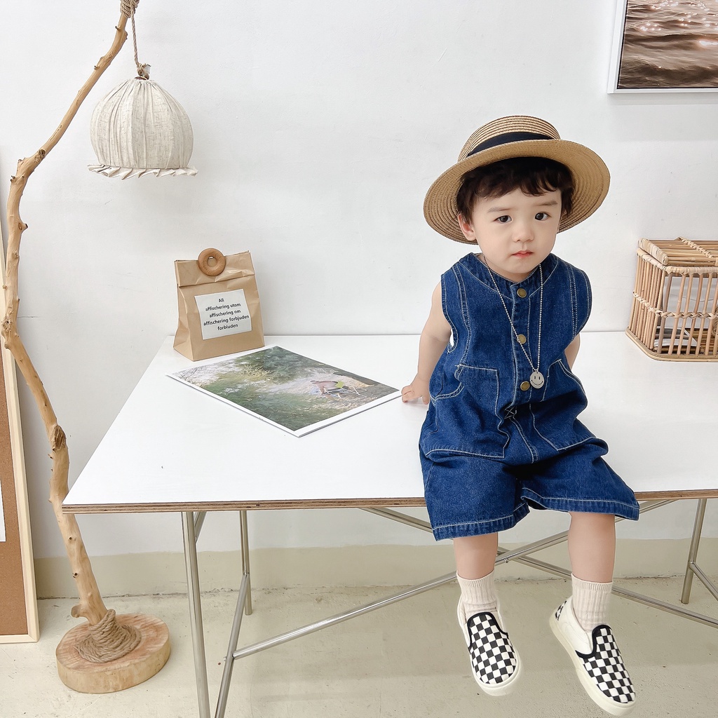Áo Liền Quần Không Tay Chất Liệu Denim Mềm Mại Thời Trang Mùa Hè 2022 Cho Bé 1-5 Tuổi