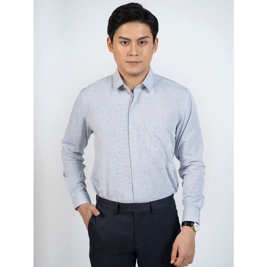 Áo sơ mi nam dài tay OWEN AR220021DT somi công sở vải sợi tre cao cấp màu xanh ghi sớ ngang dáng suông tà lượn có túi
