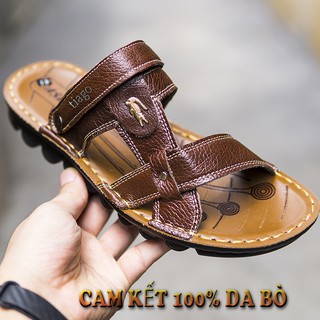 Dép nam da bò thật đế cao su khâu siêu bền chống nước tốt thoáng mát êm màu nâu da bò đẹp