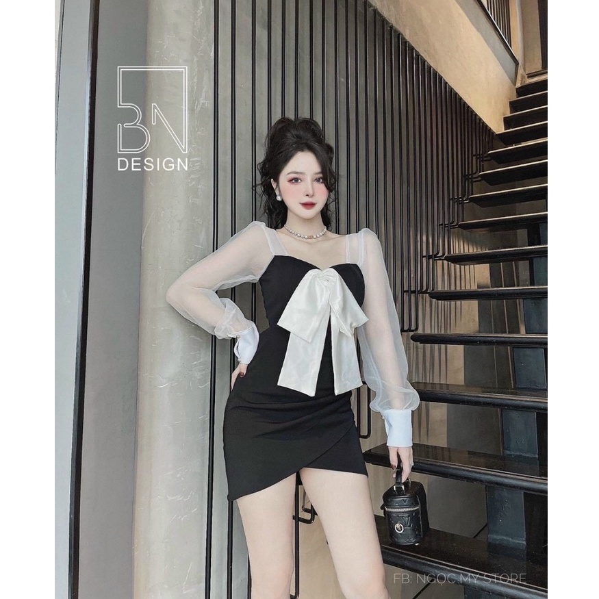 Đầm váy nữ cổ vuông tay dài phối lưới ngực tết nơ (có mút) from ôm body tà chéo sexy, quyến rũ thời trang nữ dự tiệc