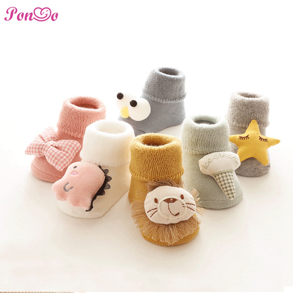 Vớ cotton chống trượt in hoạt hình 3D giữ ấm cho em bé
