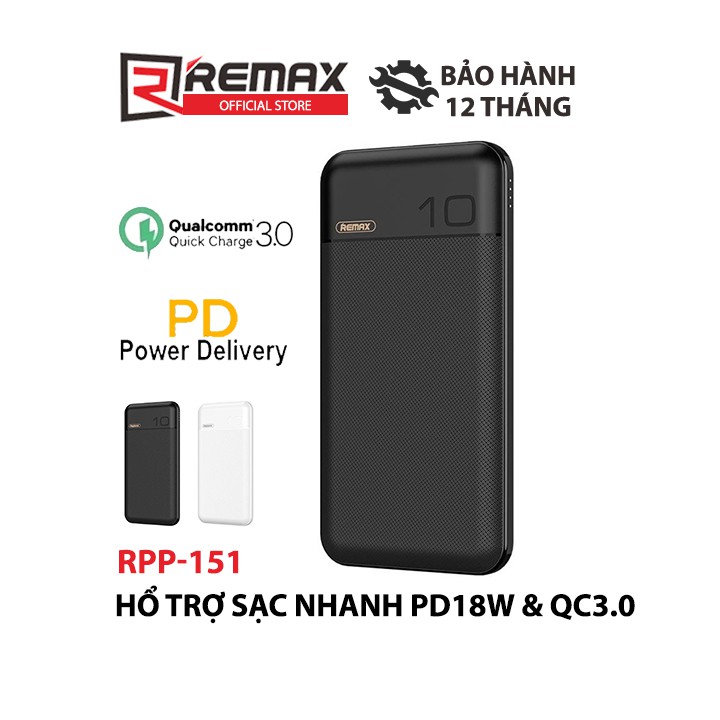 [Mã LTP50 giảm 50000 đơn 150000] Pin dự phòng Remax RPP-151 10000mAh Boree Series sạc nhanh iPhone PD 18W và QC 3.0