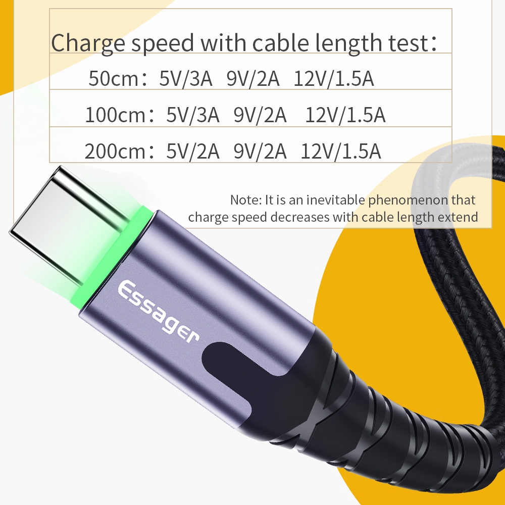 Dây cáp sạc nhanh Essager cổng USB Type C 3.0 có đèn led dành cho điện thoại Smasung Xiaomi