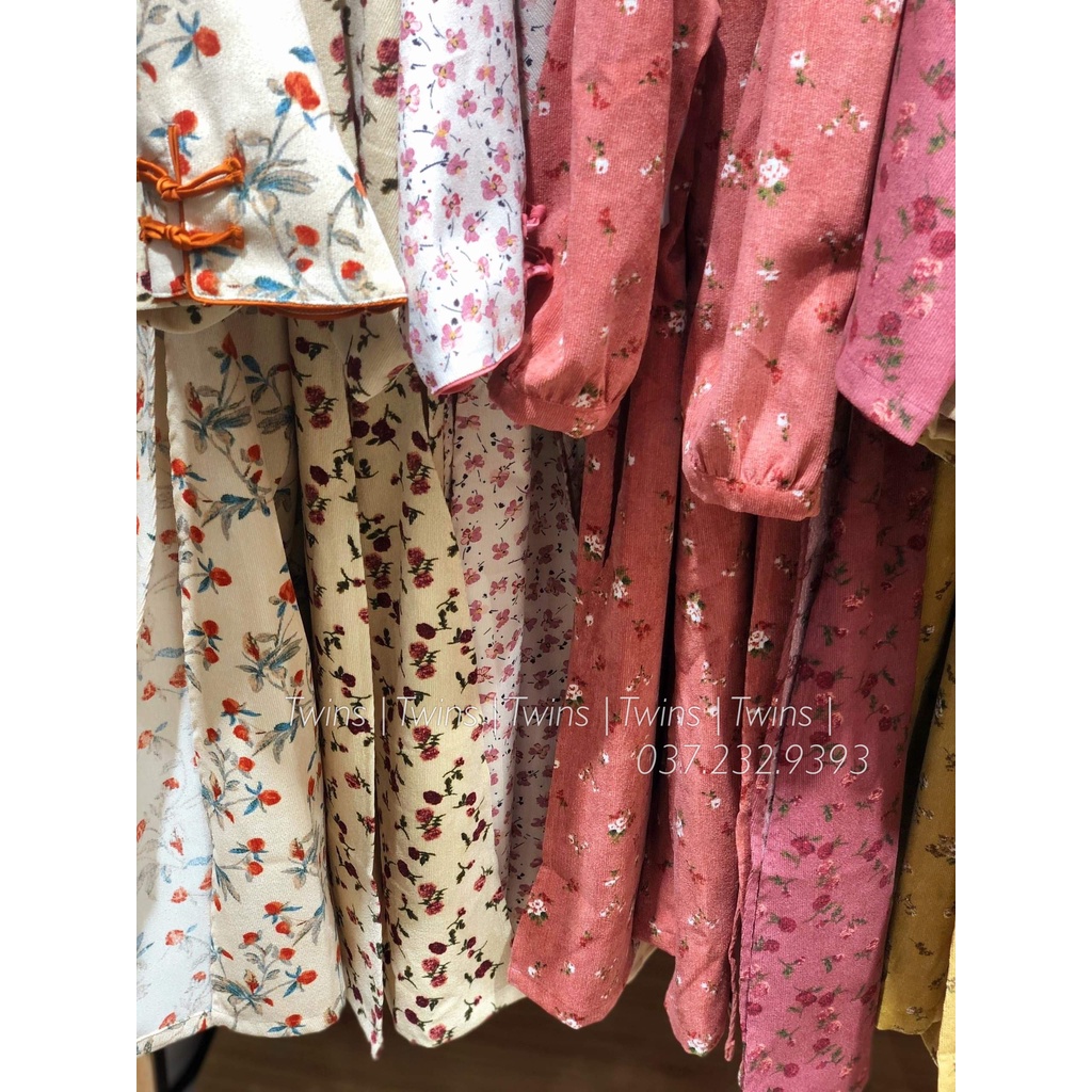 Áo dài cách tân KÈM QUẦN, áo dài suông TWINS STORE chất nhung tăm, in hoa nhí - AD005