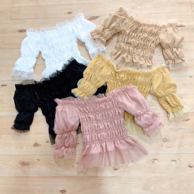 Áo Croptop Bẹt Vai Tay Lỡ Bèo Nhún Ôm Body Phối Voan Lưới Trắng Đen Hồng Vàng Nude DRACR95