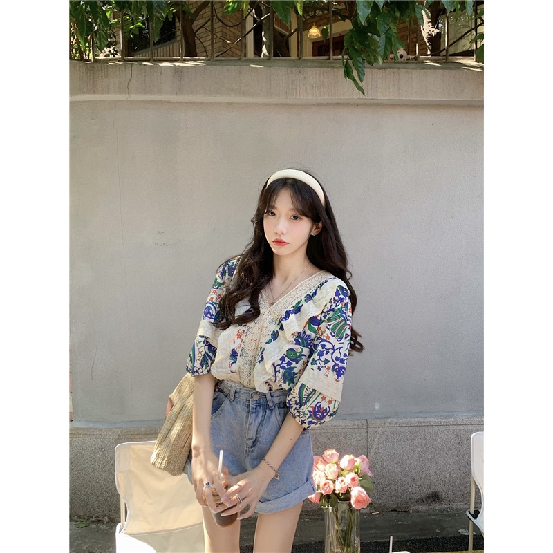 Áo Sơ Mi Tay Lỡ 3 / 4 In Hoa Phong Cách Hàn Quốc Cho Nữ