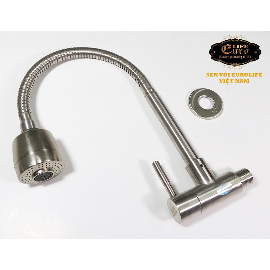 Vòi rửa chén lạnh âm tường, cần lò xo Inox SUS 304 Eurolife EL-RC10