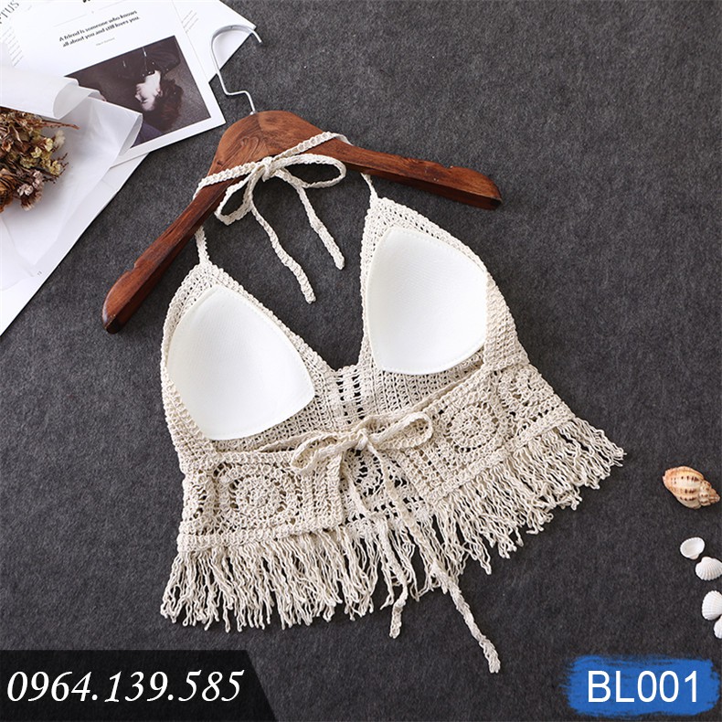 Áo bikini len móc dáng yếm, dùng đi biển, có sẵn đệm lót, sexy quyến rũ, ảnh thật tự chụp | BL001