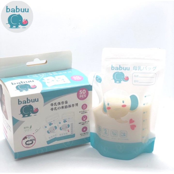 Hộp 50 túi trữ sữa có vòi 250ml Babuu Nhật Bản hình Voi có vòi rót tiện lợi