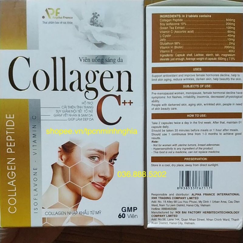 Viên uống Collagen C collagen peptide đẹp da, chống lão hóa, mờ thâm, trắng da, cân bằng nội tiết tố nữ - Hộp 60 viên