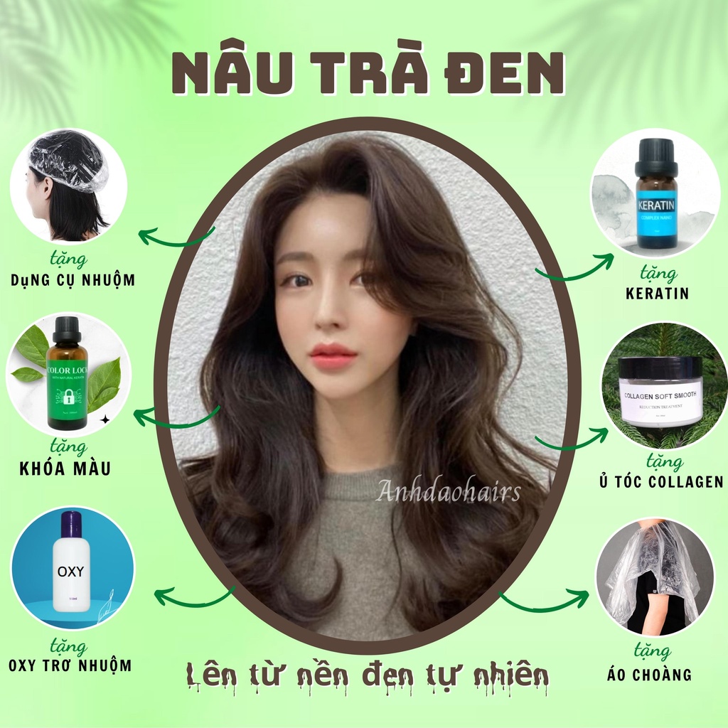 Thuốc Nhuộm Tóc Màu Nâu Trà Đen ,Tặng Kèm Oxy Trợ Nhuộm 100ml, Bao Tay, Mũ Trùm Tóc,Trùm Tai,Và Ủ Tóc Bio.