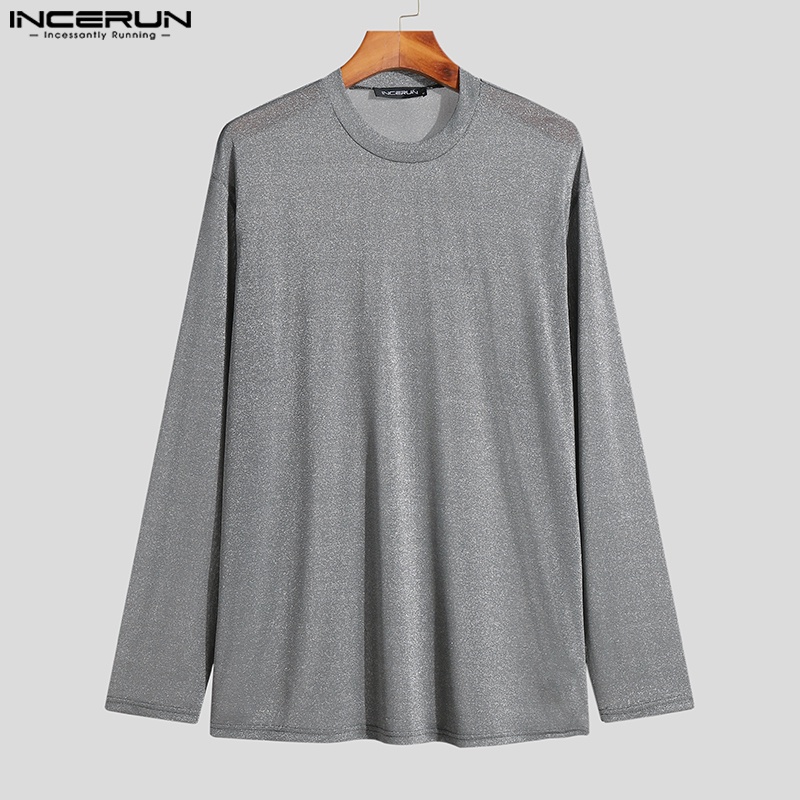 INCERUN Áo Thun Tay Dài Cổ Tròn Trong Suốt Sáng Bóng Cho Nam