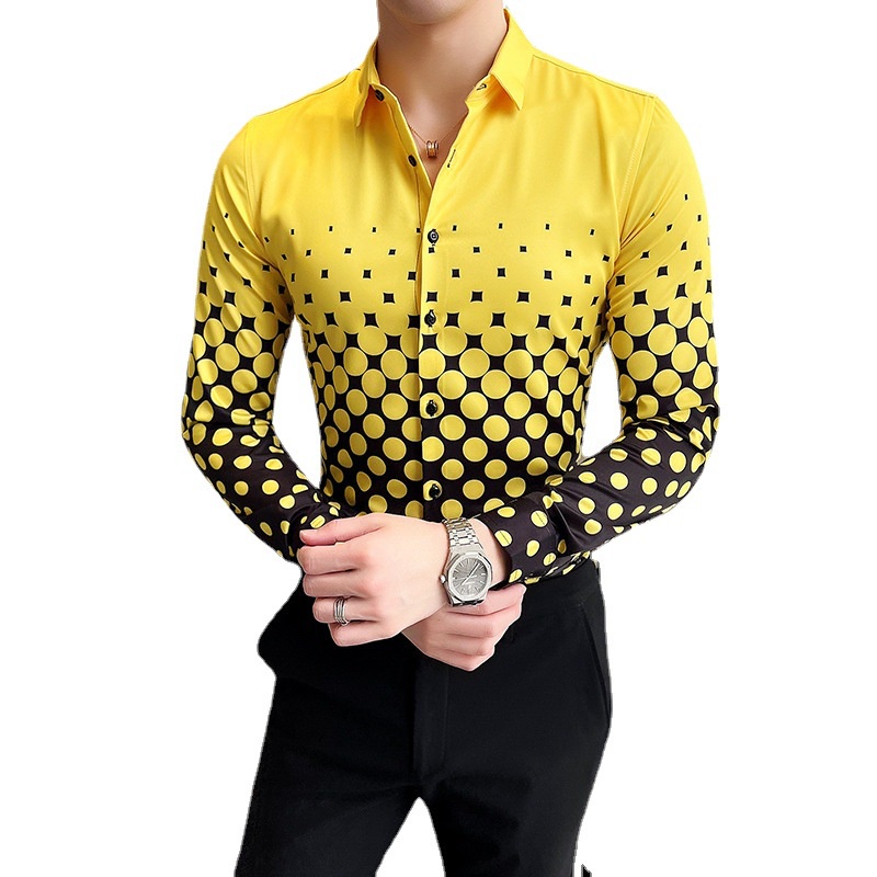 Áo sơ mi nam dài tay họa tiết chấm bi vàng thời trang HALLA áo sơ mi kiểu công sở