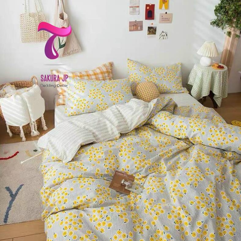 HÀNG MỚI- Set Chăn Ga Gối Đệm Poly Cotton 100% Cao Cấp Vintage Hoa Sữa Vàng -BST Chăn Ga Gối Poly