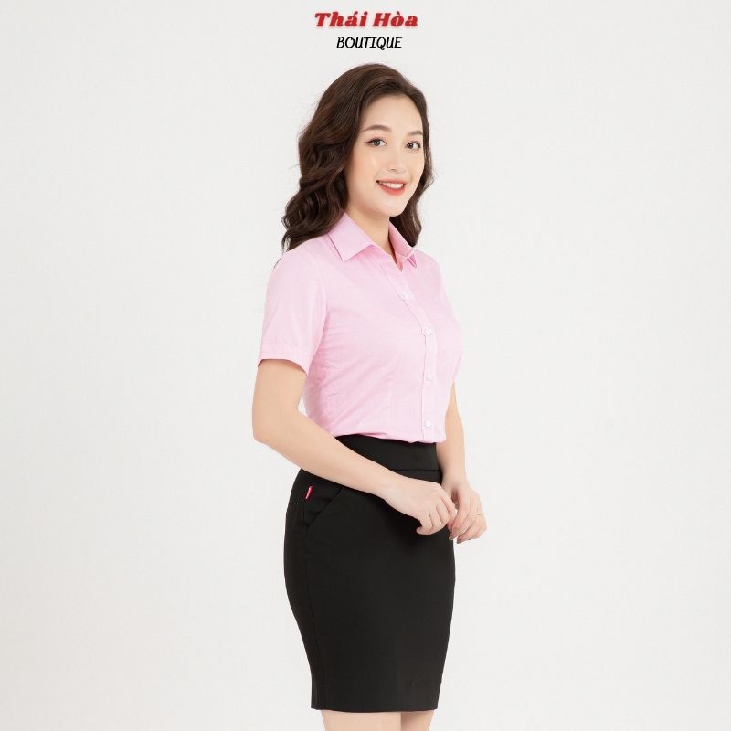 Áo sơ mi nữ đẹp ngắn tay công sở kẻ tăm caro chìm màu hồng cotton Thái Hoà N631-10-01