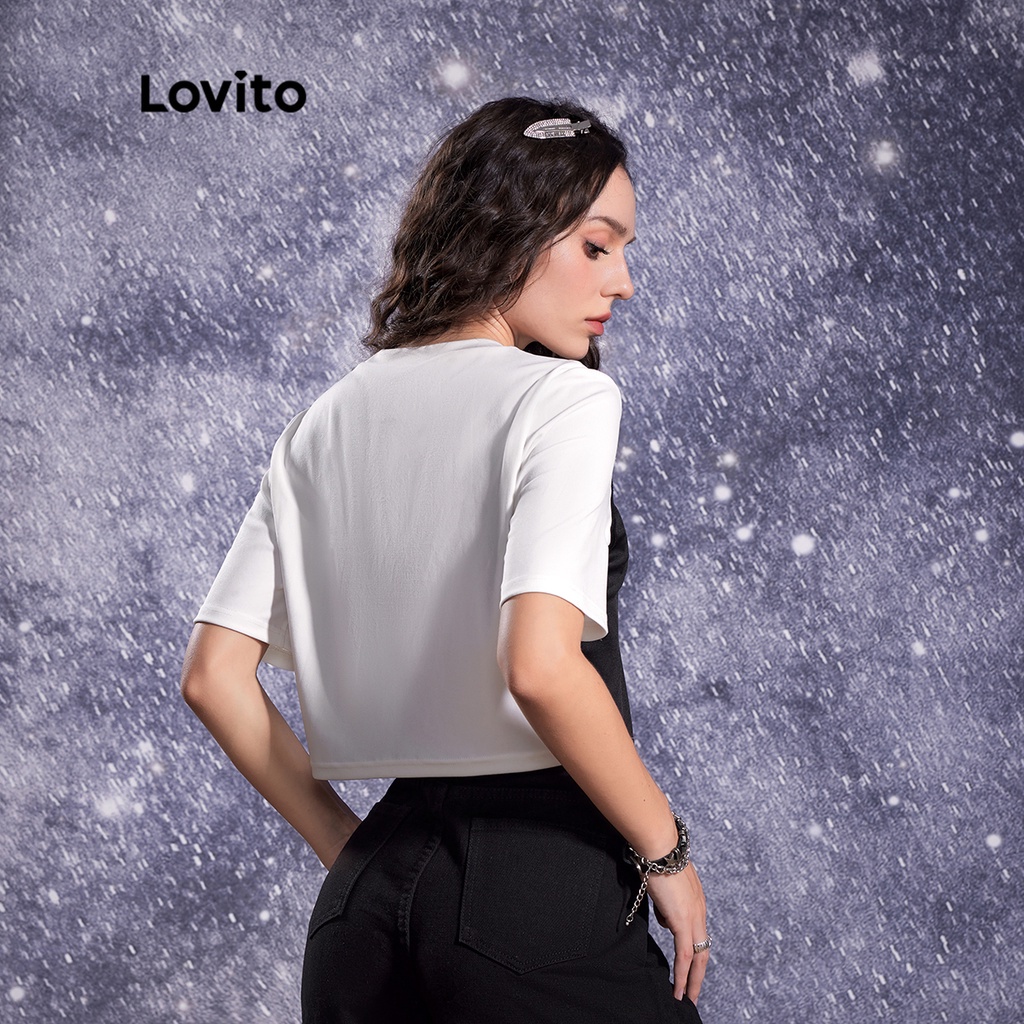 Lovito STAR GIRL Vá vá thường Khâu áo thun nữ cổ tròn L32AE054 (Đen trắng)