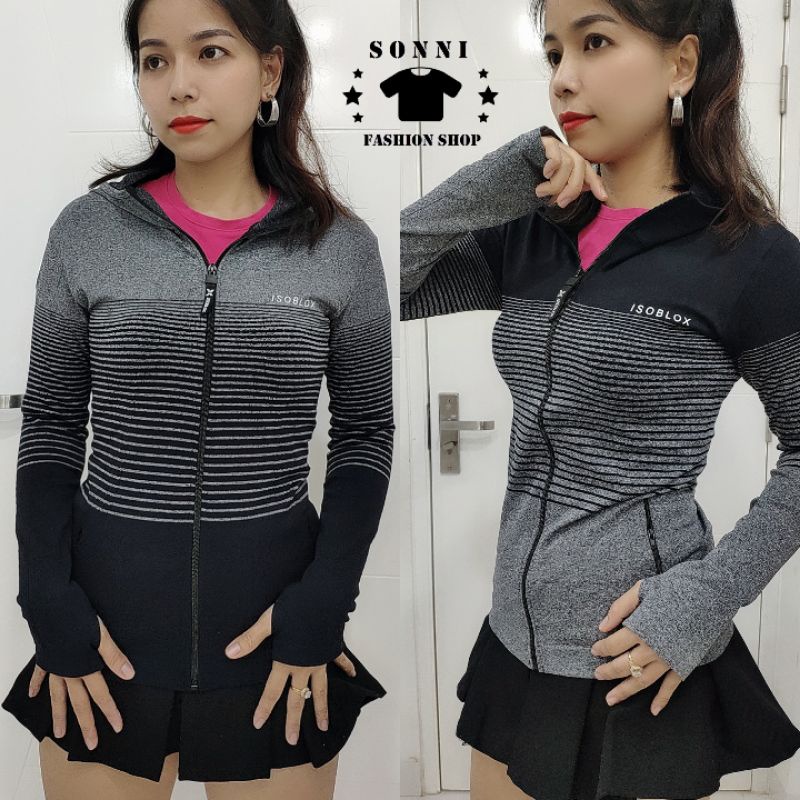 Áo khoác thể thao nữ có nón ôm body thun dệt kim chất siêu đẹp (Hàng loại 1)
