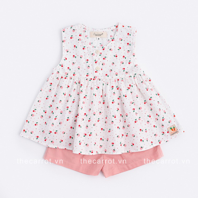 Bộ đồ bé gái CARROT không tay dáng baby doll, họa tiết quả dâu hồng, chất Thô cotton thoáng mát thấm hút mồ hôi tốt