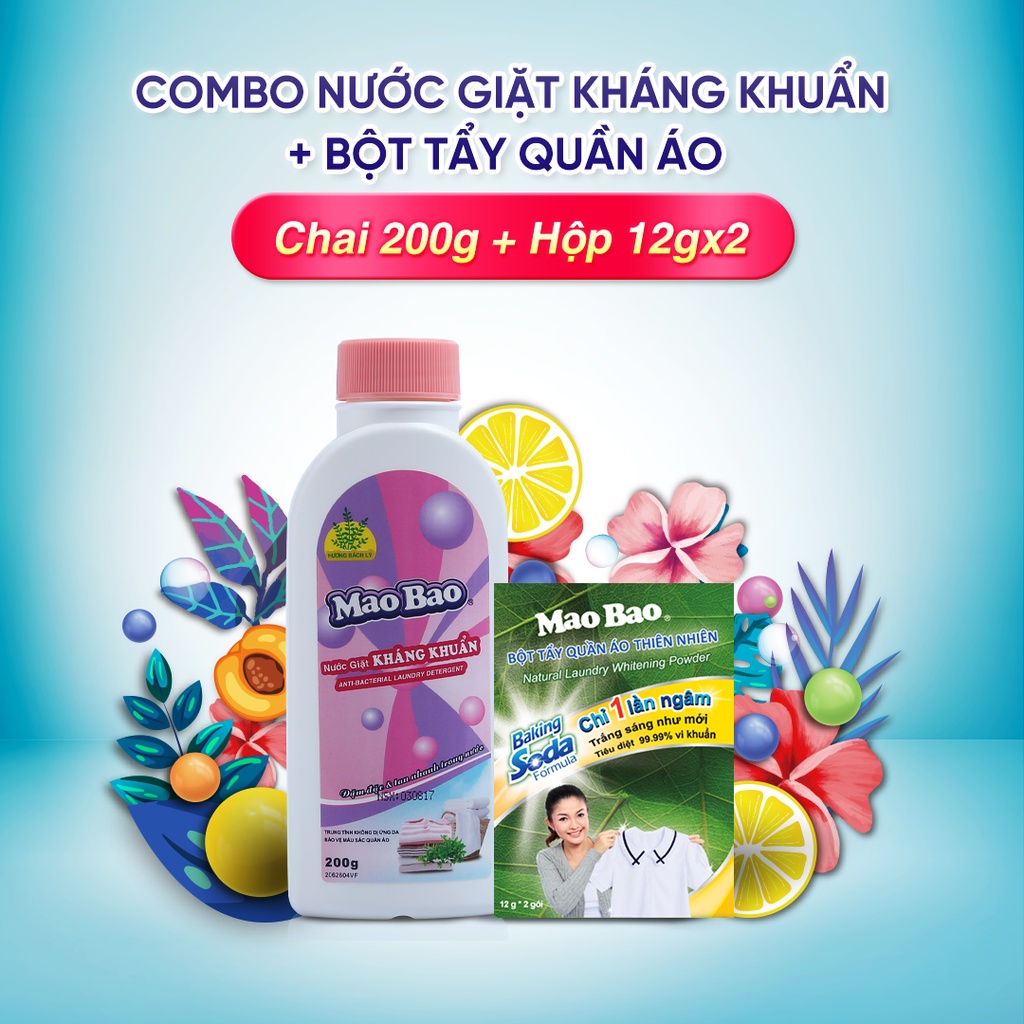 Combo 01 Nước Giặt Quần Áo Kháng Khuẩn Mao Bao 200g + 01 Bột Tẩy Quần Áo Thiên Nhiên Mao Bao 12g x 2 gói