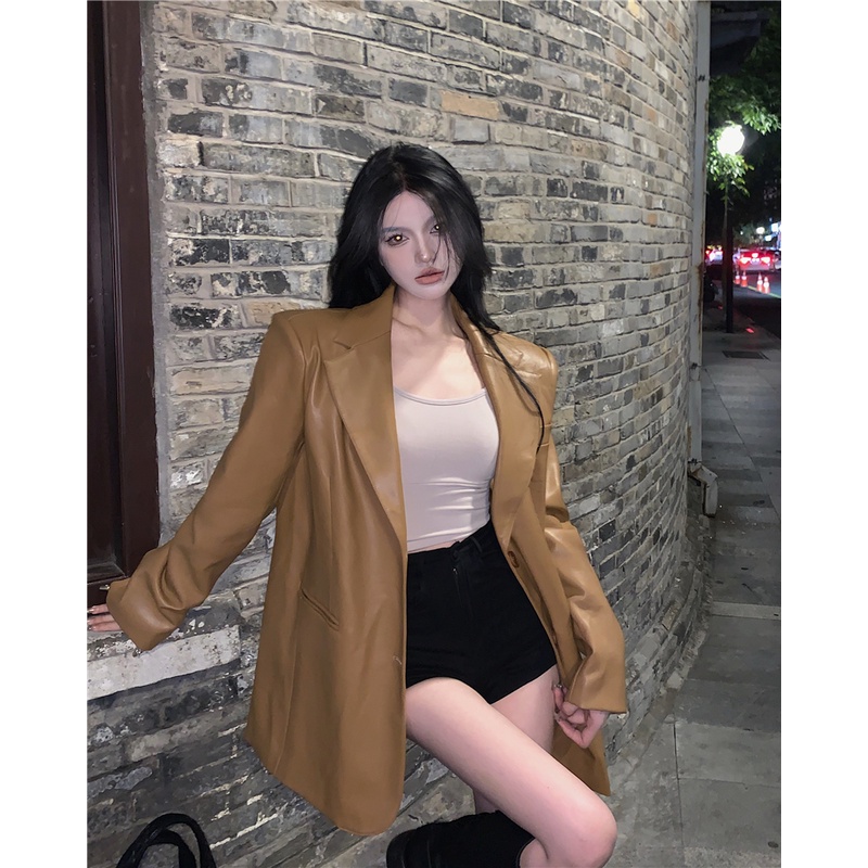 Áo khác blazer da màu nâu bò YIMI thời trang thu đông