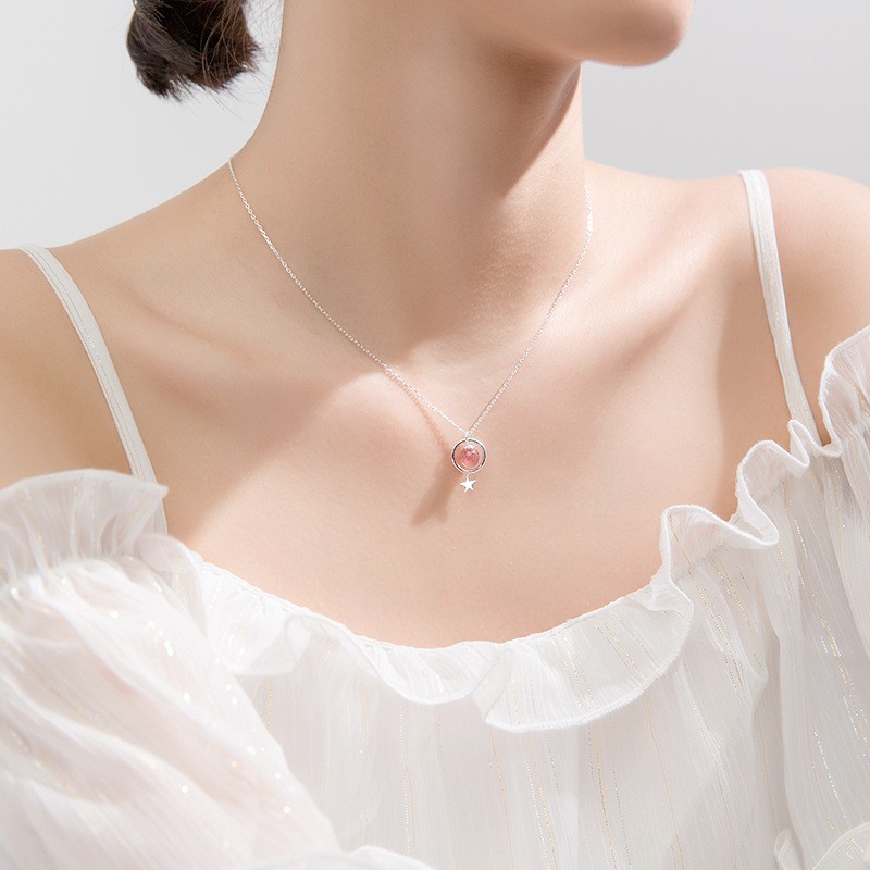 Dây chuyền bạc Ý s925 ngôi sao 5 cánh nhỏ tươi gắn đá dâu tây màu hồng D4233 - AROCH Jewelry