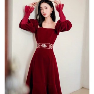 [SẴN + ORDER] Váy nhung đỏ tay bồng (có ảnh thật)