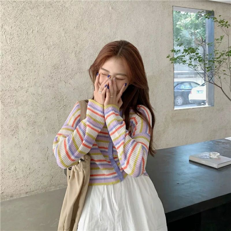 [Mã FAGREEN1505 giảm 10% tối đa 30K đơn 99K] áo khoác len nữ dệt kim hàng đầu sọc ngang phong cách hàn quốc | BigBuy360 - bigbuy360.vn